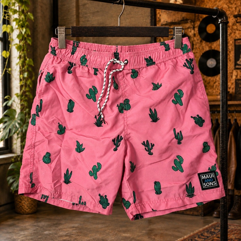Maui and Sons Pink Cactus Print Swim Trunks Men Medium Board Shorts